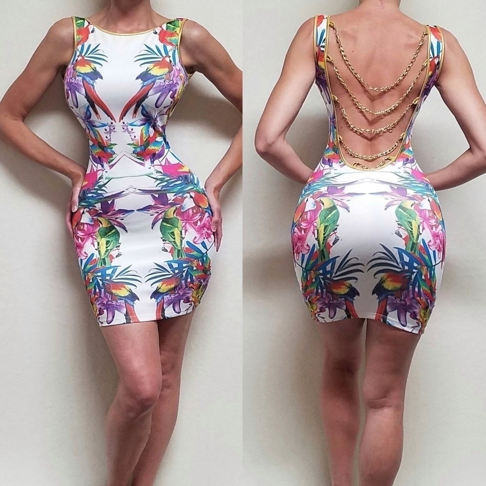 Va Va Voom Tropical Parrot Floral Gold Chain Backless Mini Bodycon Dress Small